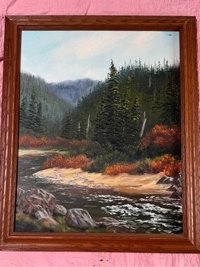 Vintage Pine River Landscape in Green, Brown and Blue